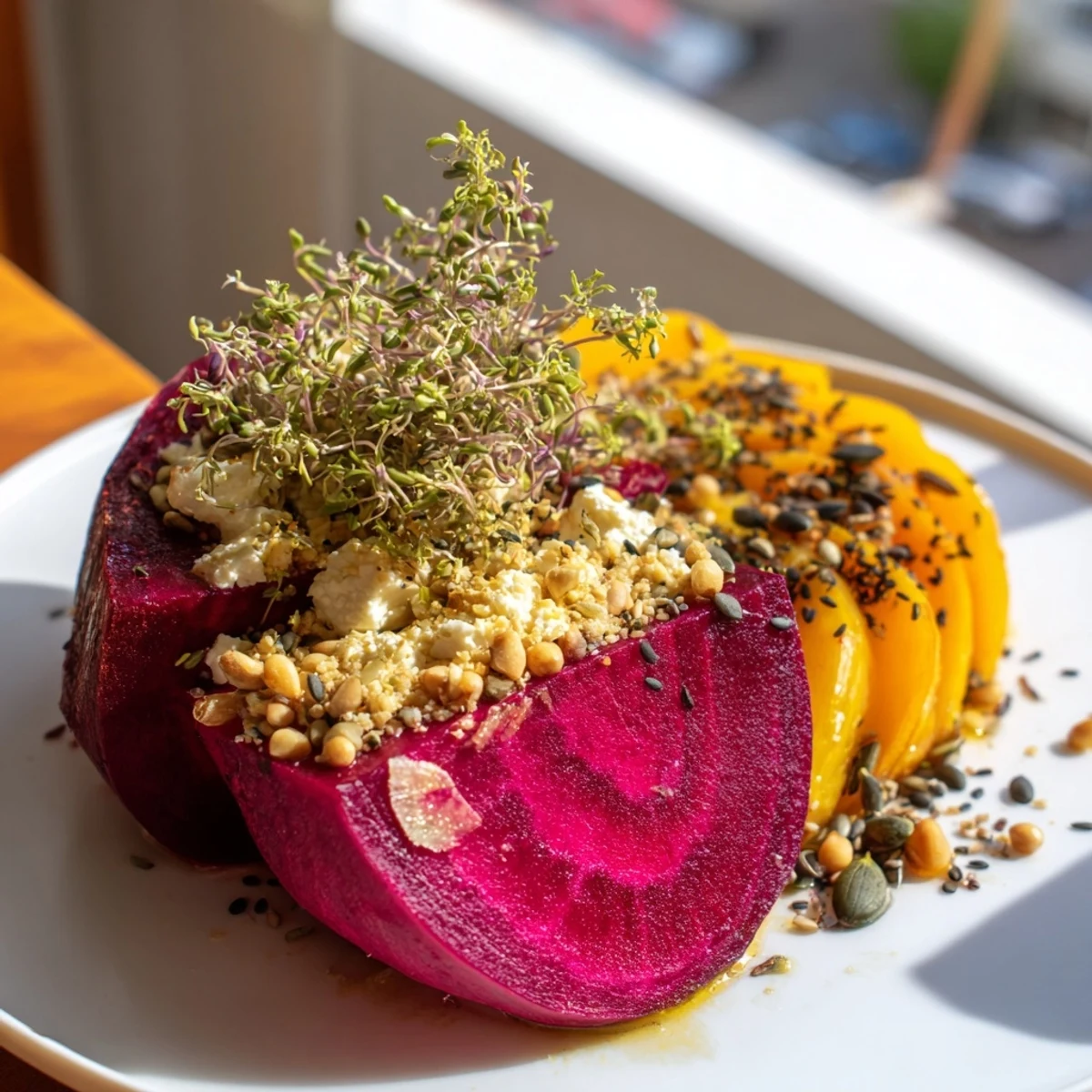 Fresh dill brightens the presentation of The Kinetic Motion Blur, a modern appetizer with blurred effect.