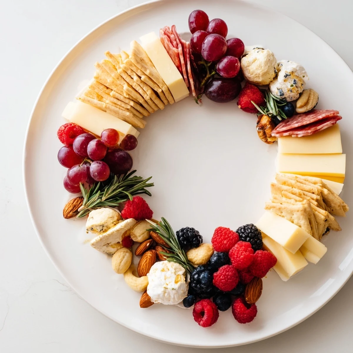 Ouroboros Circle appetizer platter, with creamy cheeses, meats & fresh grapes, perfect for entertaining.