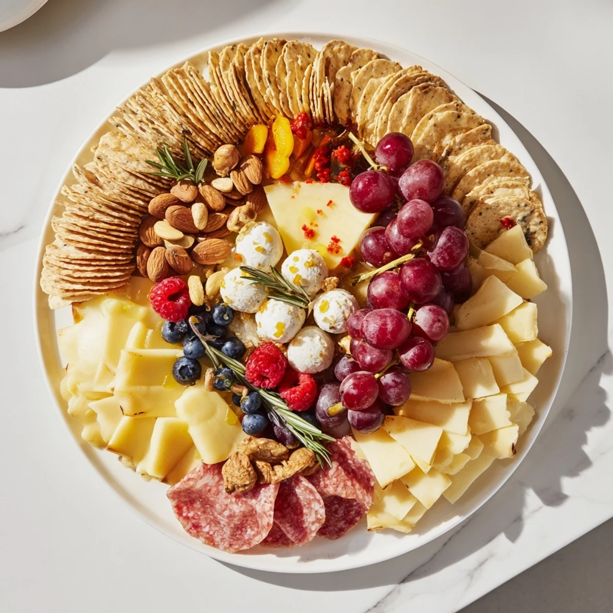 A close-up of The Ouroboros Circle: a vivid circular appetizer with cheeses, fruits, and crackers.