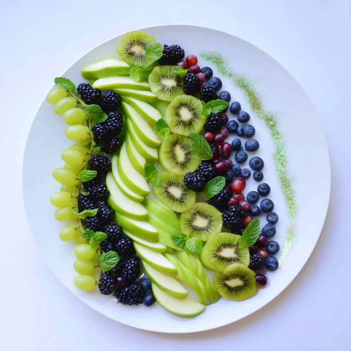 Observe the dynamic detail of the Aurora Borealis Sweep, a refreshing fruit platter with mint and edible glitter sprinkles.