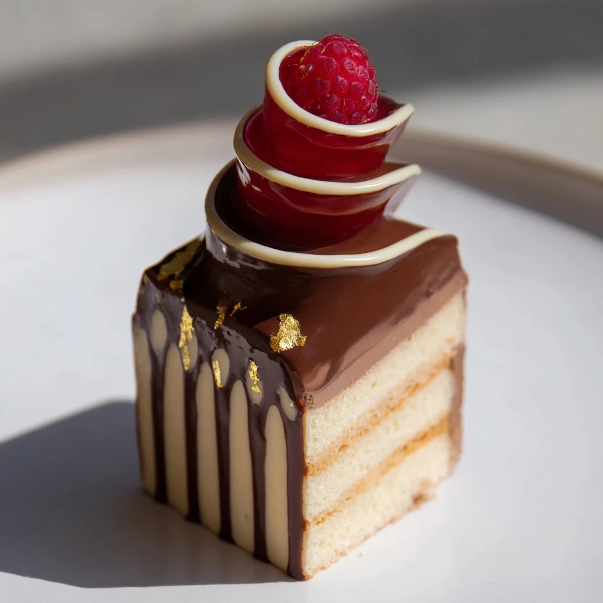 A close-up shot of The Golden Ratio Shell dessert, beautifully layered with spiral jelly.