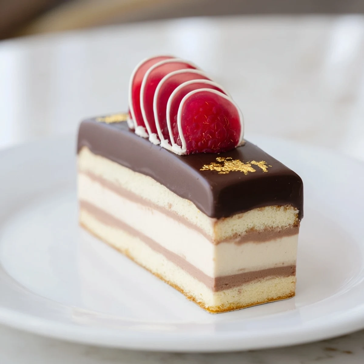 Golden Ratio Shell features a glossy white chocolate glaze dusted with edible gold leaf, elegant.