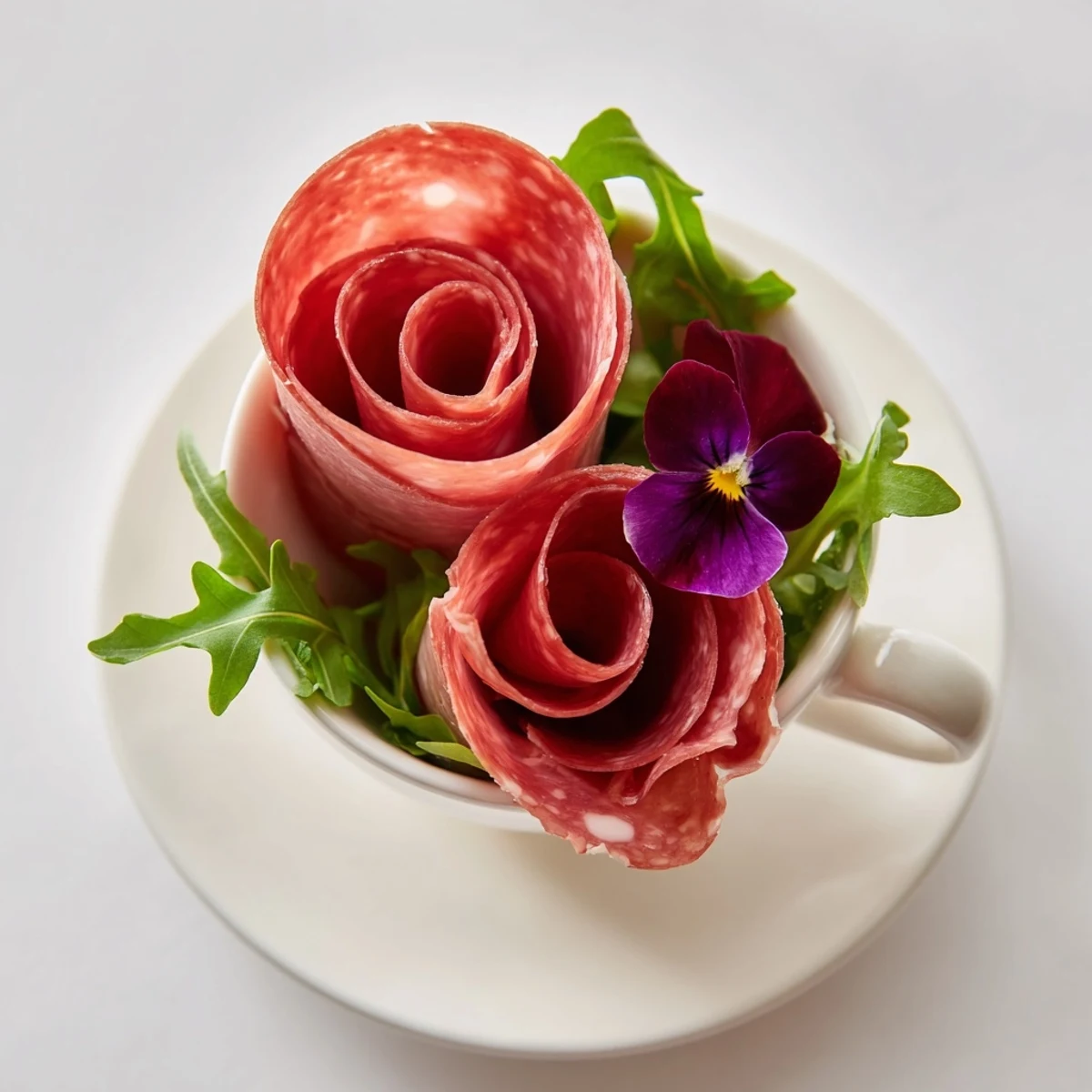 Victorian Tea Rose appetizer: beautifully arranged salami and pepperoni roses in inviting teacups, ready to serve.