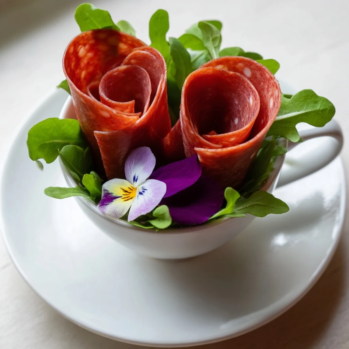 Elegant Victorian Tea Rose: close-up photo of the savory salami and pepperoni roses in charming porcelain cups.