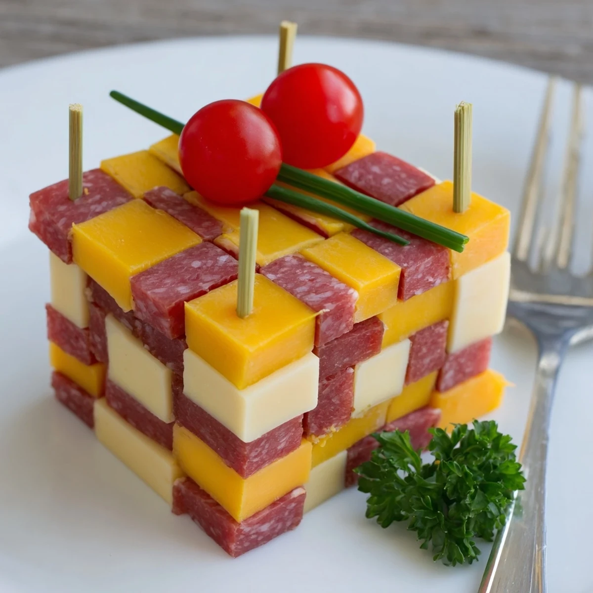 A vibrant Checkerboard Chalet appetizer displays cheese and cured meats ready for your guests to enjoy.