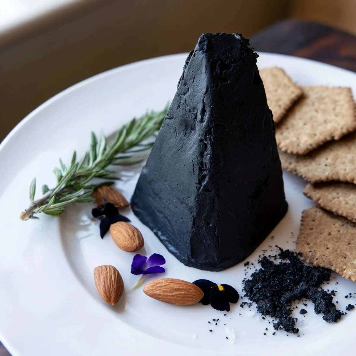 Dramatic cheese platter, the Obsidian Peak, features a towering black cheddar and rye crackers.