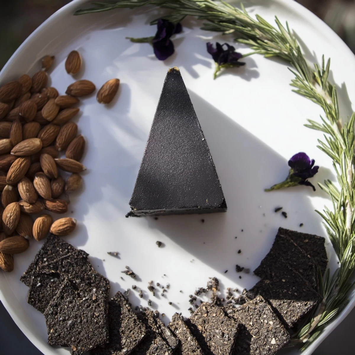 Arrangement of the Obsidian Peak cheese platter: charcoal-dusted almonds accompany wax-coated cheddar and crackers.