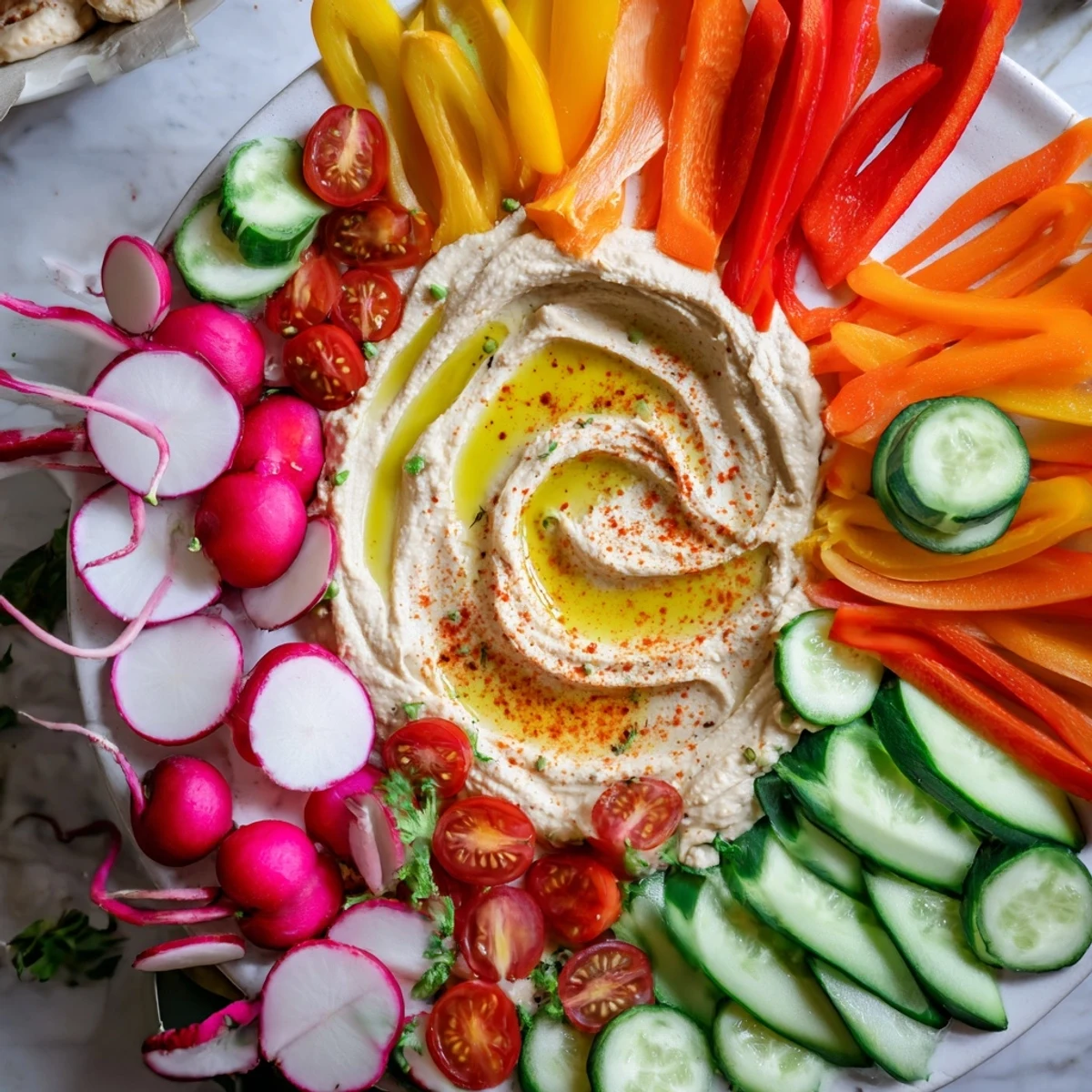 Freshly plated River Delta Flow appetizer with vibrant veggies and dips, delicious and satisfying for gatherings.