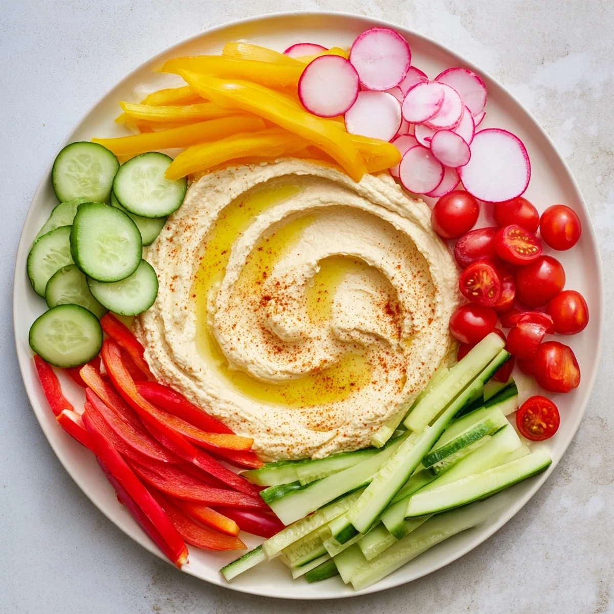 The River Delta Flow appetizer: Colorful vegetable tributaries lead to a creamy hummus river, visually appealing.