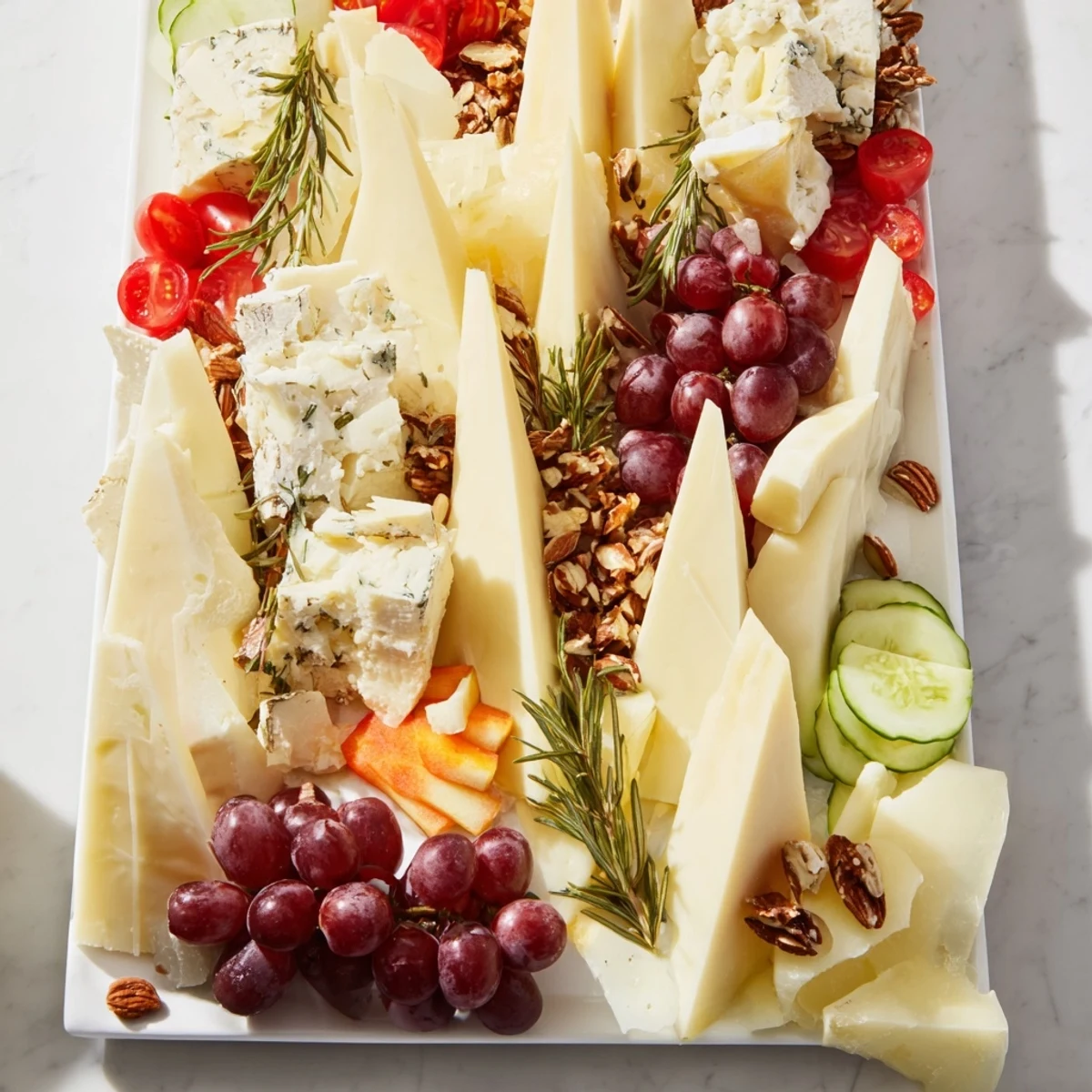A delightful Sculptural Cheese Landscape; aged cheese "mountains" with grapes and crackers.