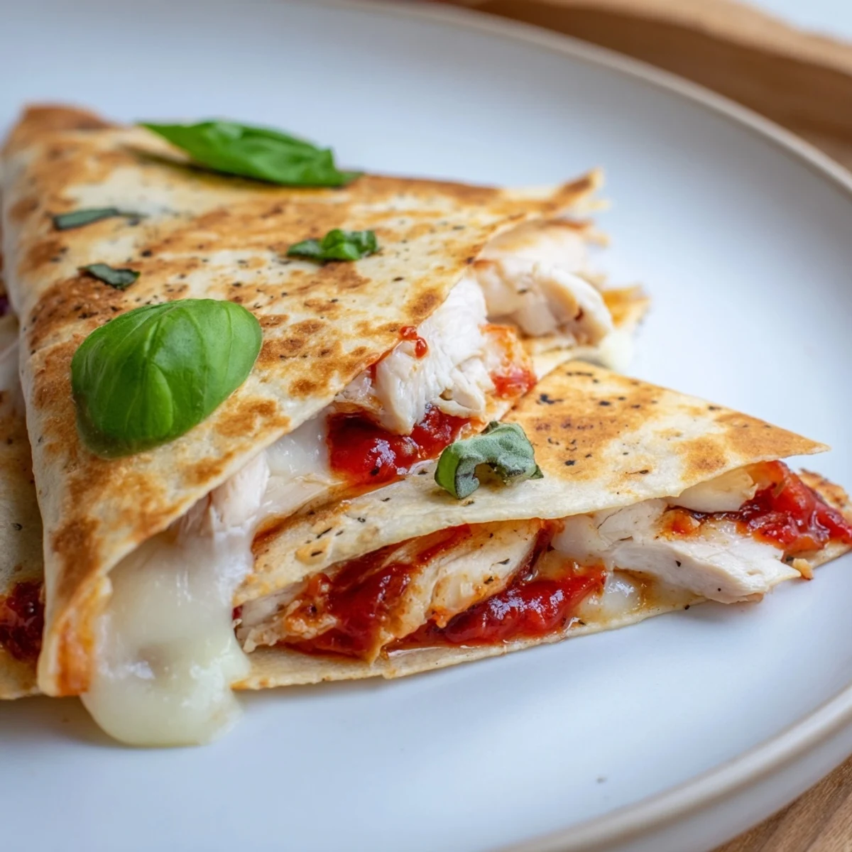 Crispy tortilla pizza wrap, cut open to reveal layers of chicken, cheese, and Italian seasonings inside.