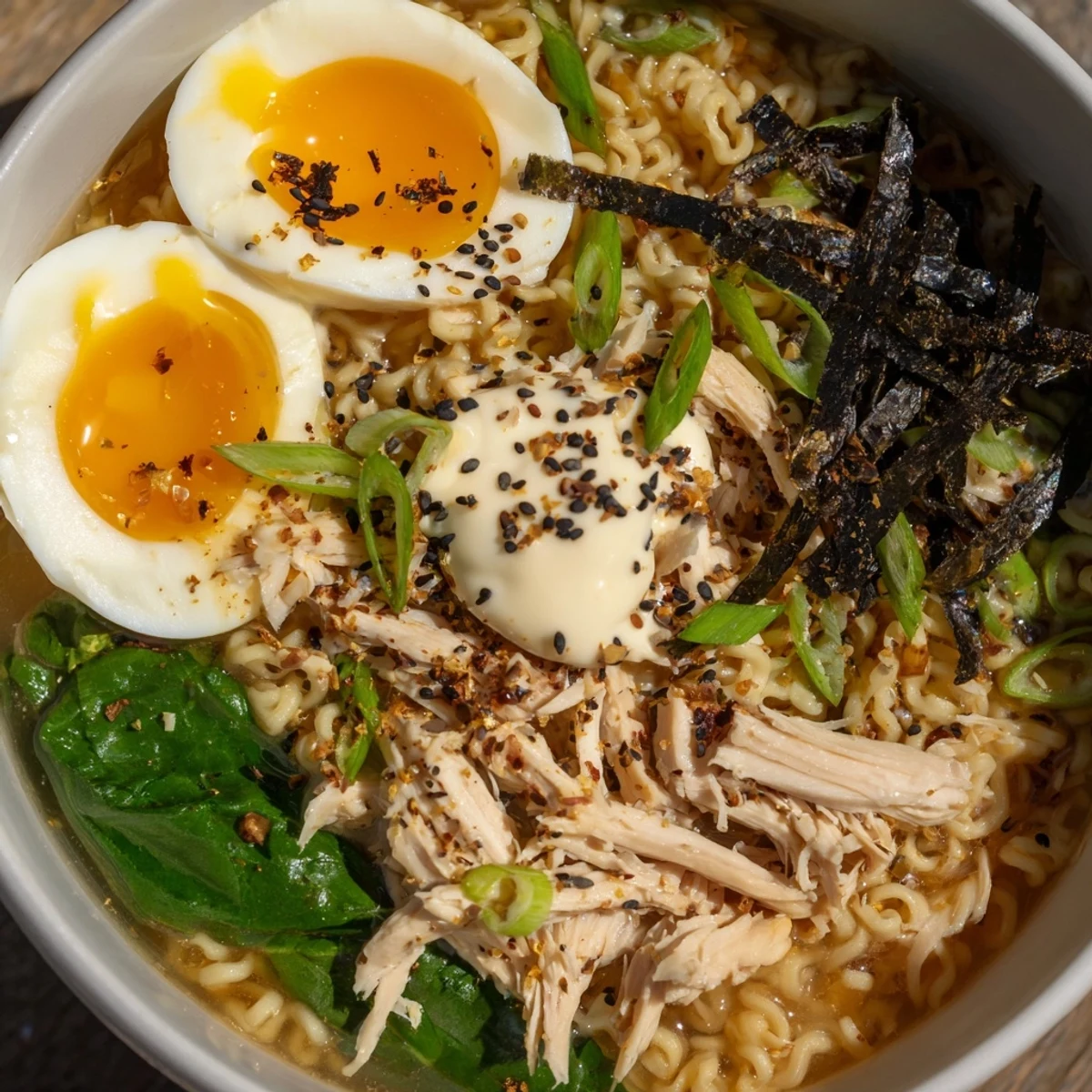 Steaming bowl of Chicken Ramen with Kewpie Mayo, topped with soft egg and scallions, delicious and comforting.