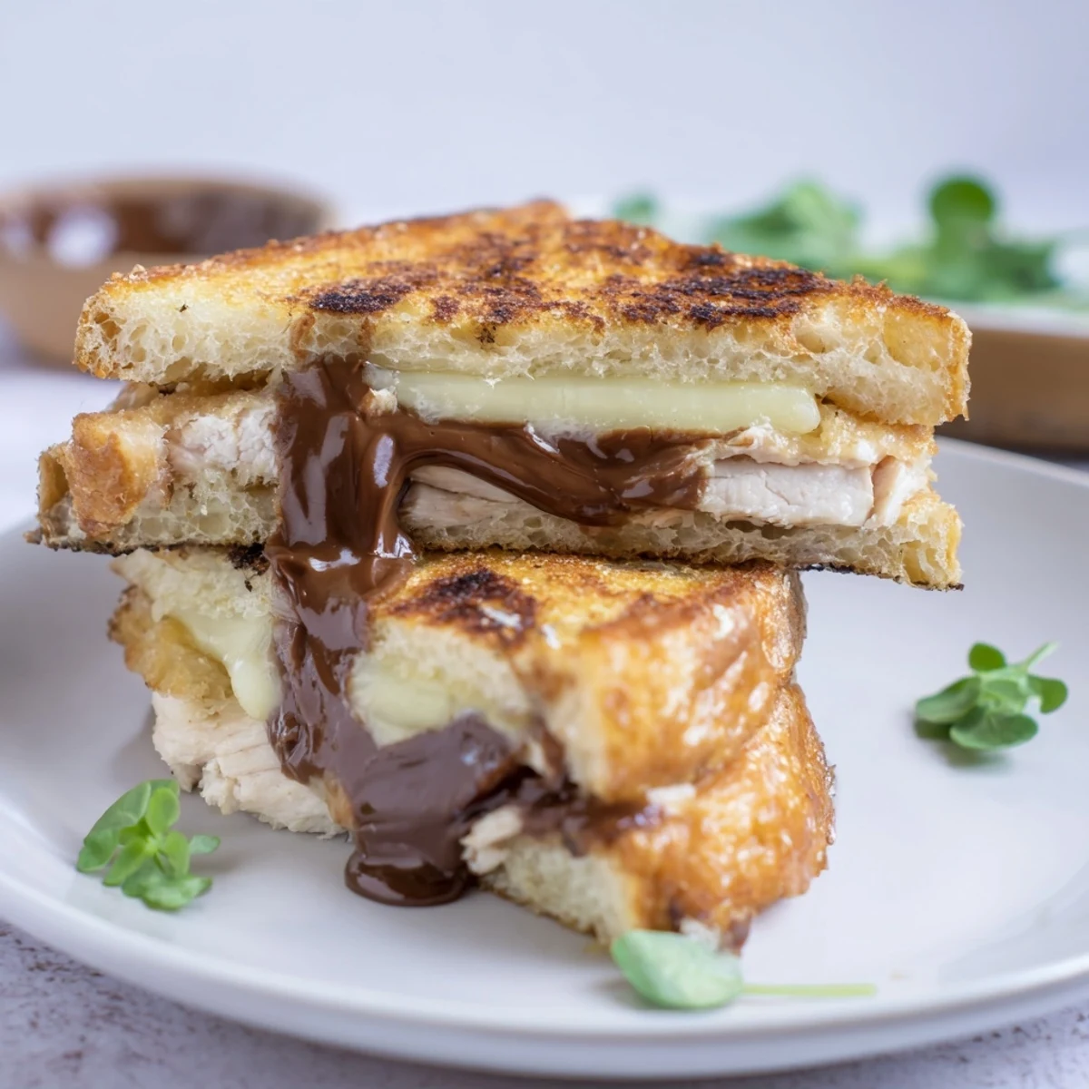 Golden-brown Nutella Grilled Cheese with Chicken, showing melted brie and savory chicken nestled between toasted bread.