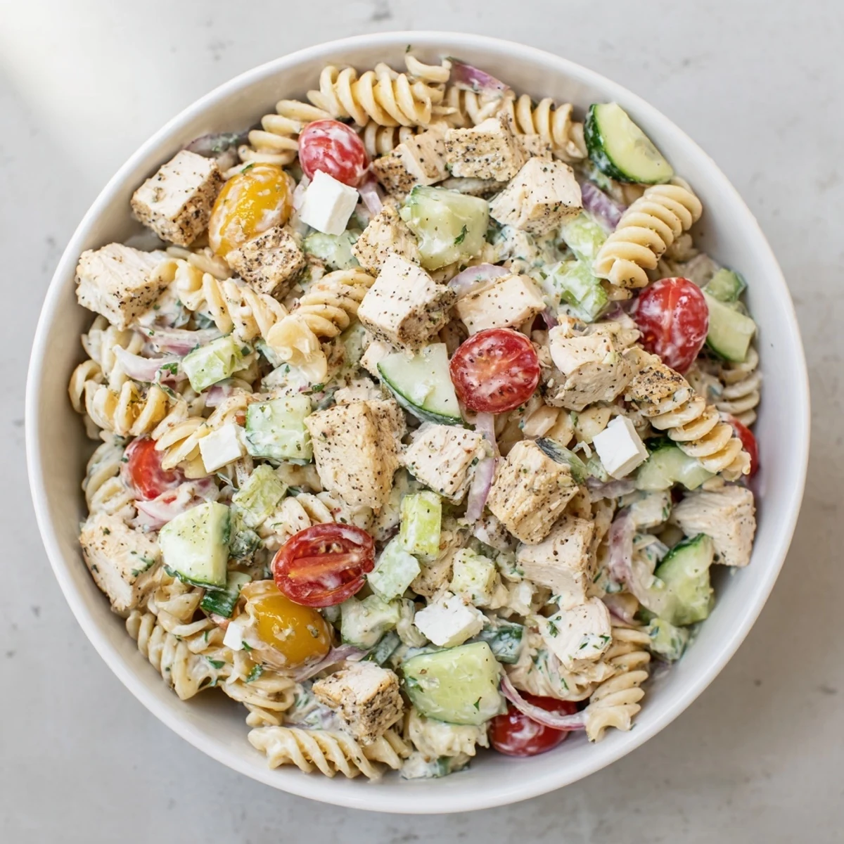 Everything Bagel Chicken Pasta Salad: a creamy, flavorful chilled pasta salad with fresh vegetables.