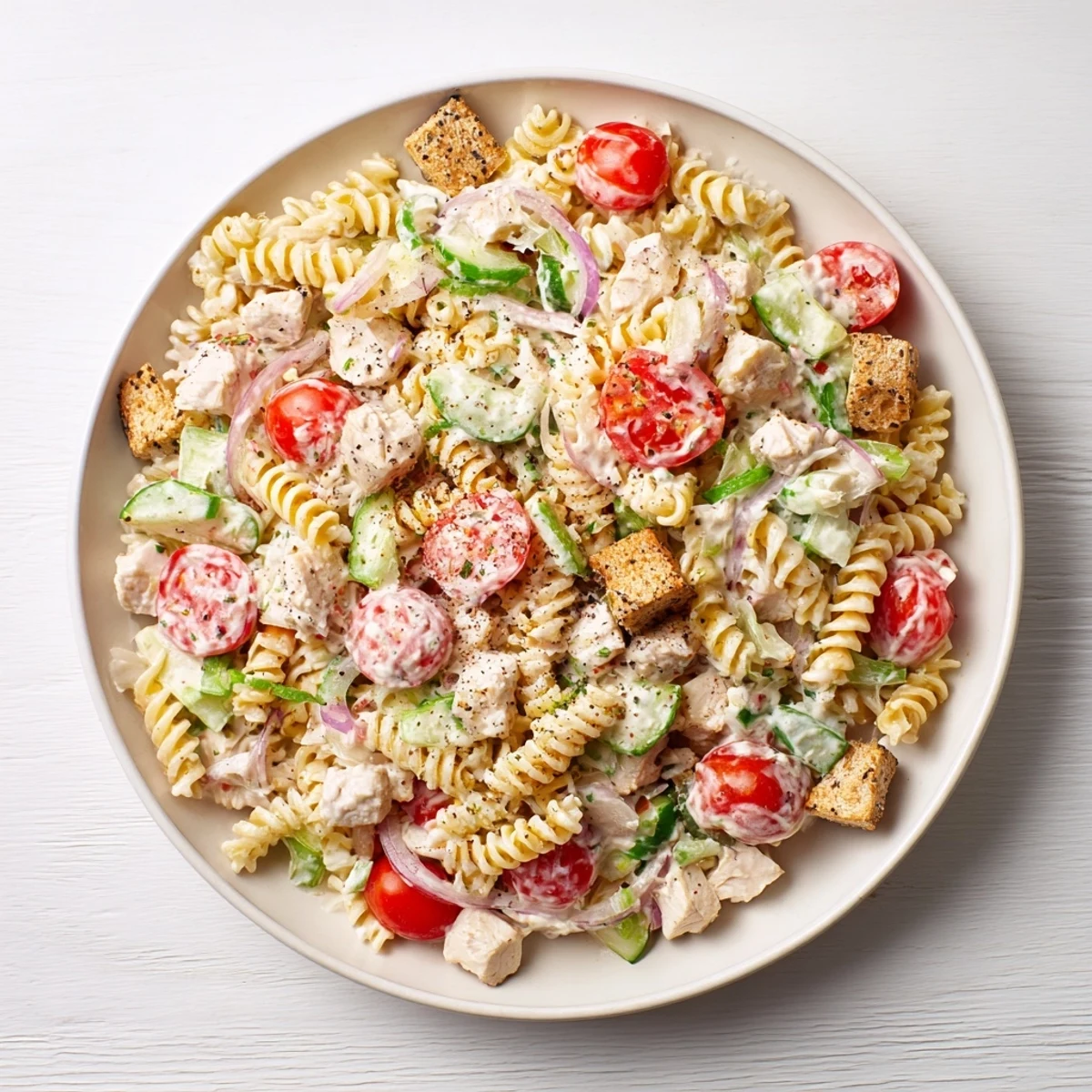 Imagine chilled Everything Bagel Chicken Pasta Salad: pasta, chicken, and veggies bursting with flavor.