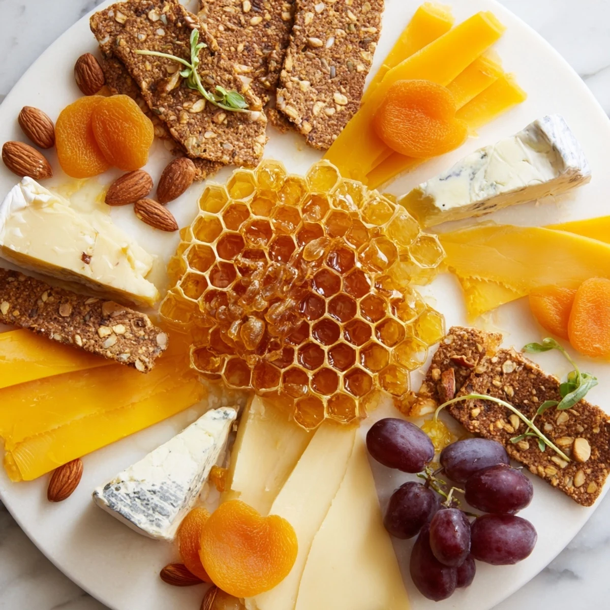 A festive "Gilded Hive" cheese board with artfully arranged, glistening honey and hexagon cheeses.