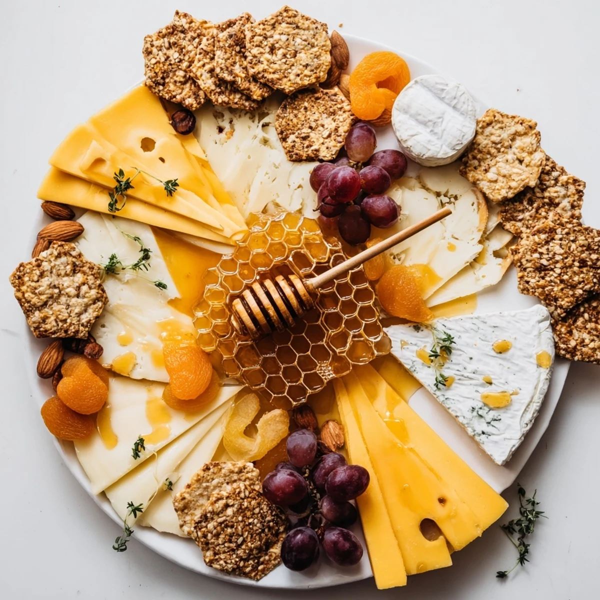 This overhead shot showcases the "Gilded Hive" appetizer, with vibrant cheeses, crackers, and honeycomb.