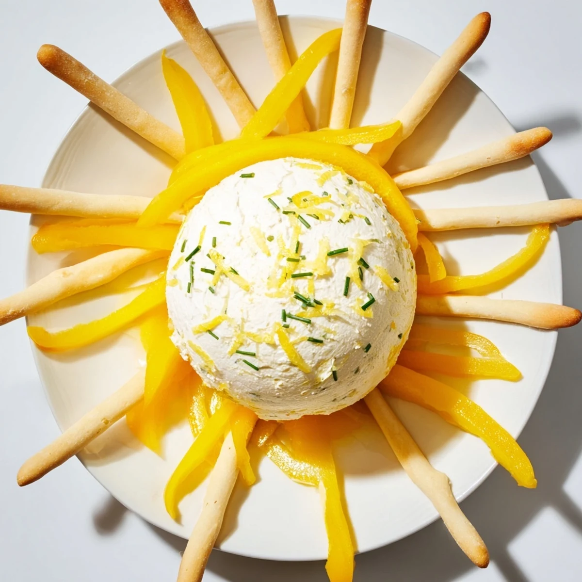 Vibrant Tuscan Sunburst appetizer: yellow bell pepper sun rays around creamy lemon goat cheese, ready to enjoy.