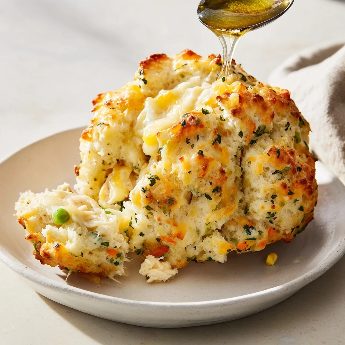 Delicious Chicken Cobbler, cooked until golden brown, served with a flavorful Cheddar Bay biscuit topping made with Red Lobster mix.