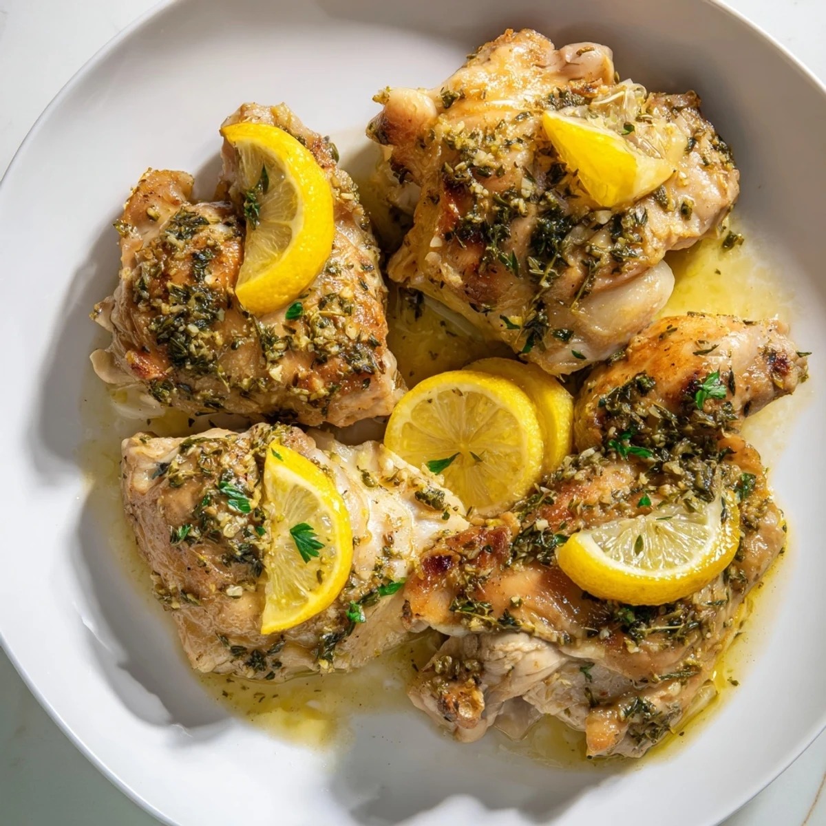 Golden brown Greek Lemon Herb Chicken breasts, perfectly baked and ready to serve with fresh lemon.