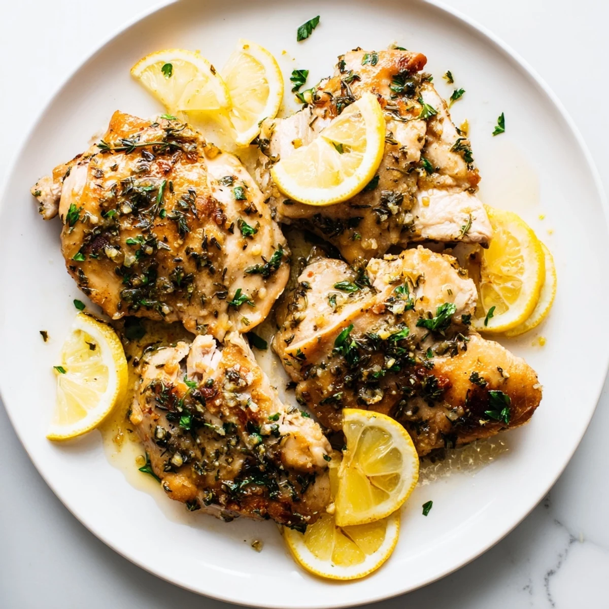 Glistening, oven-baked Greek Lemon Herb Chicken with herbs, the aroma filling the kitchen with Mediterranean flavors.
