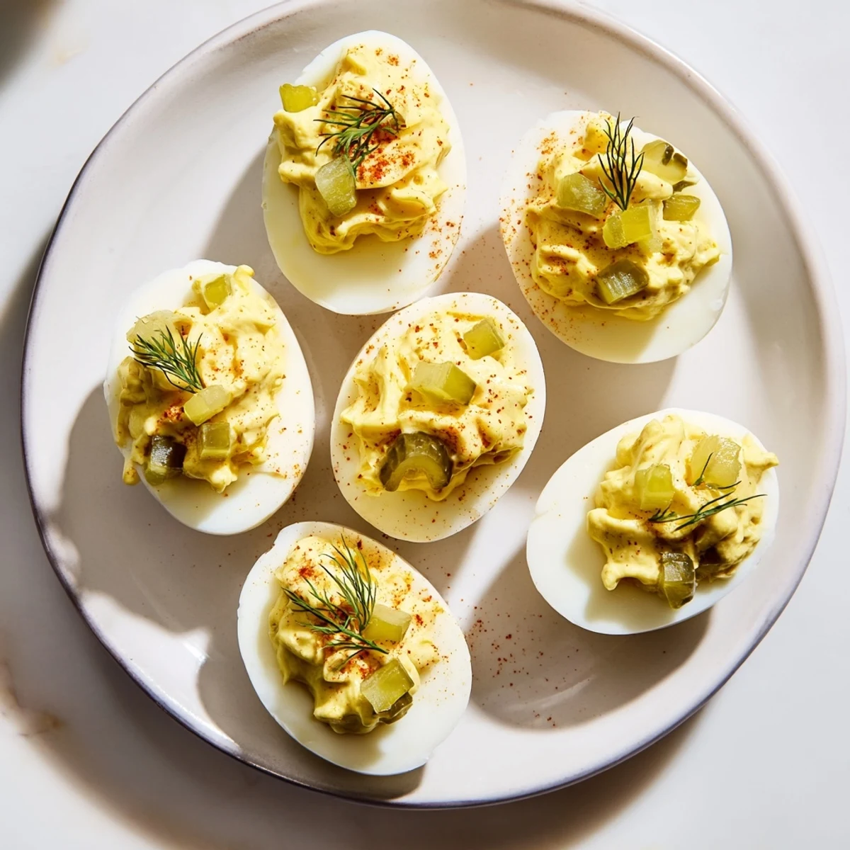 A plate of vibrant dill pickle deviled eggs, showcasing the tangy pickle filling and fresh herbs.
