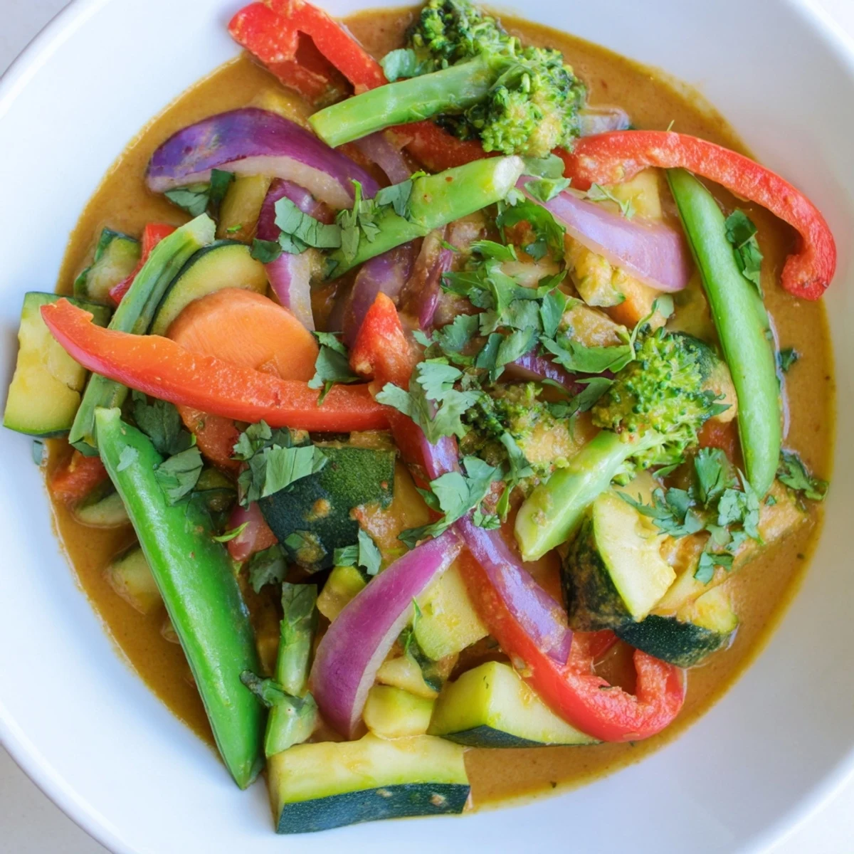 Delicious vegan Coconut Curry Vegetables, a beautiful medley of fresh vegetables served with fluffy rice.