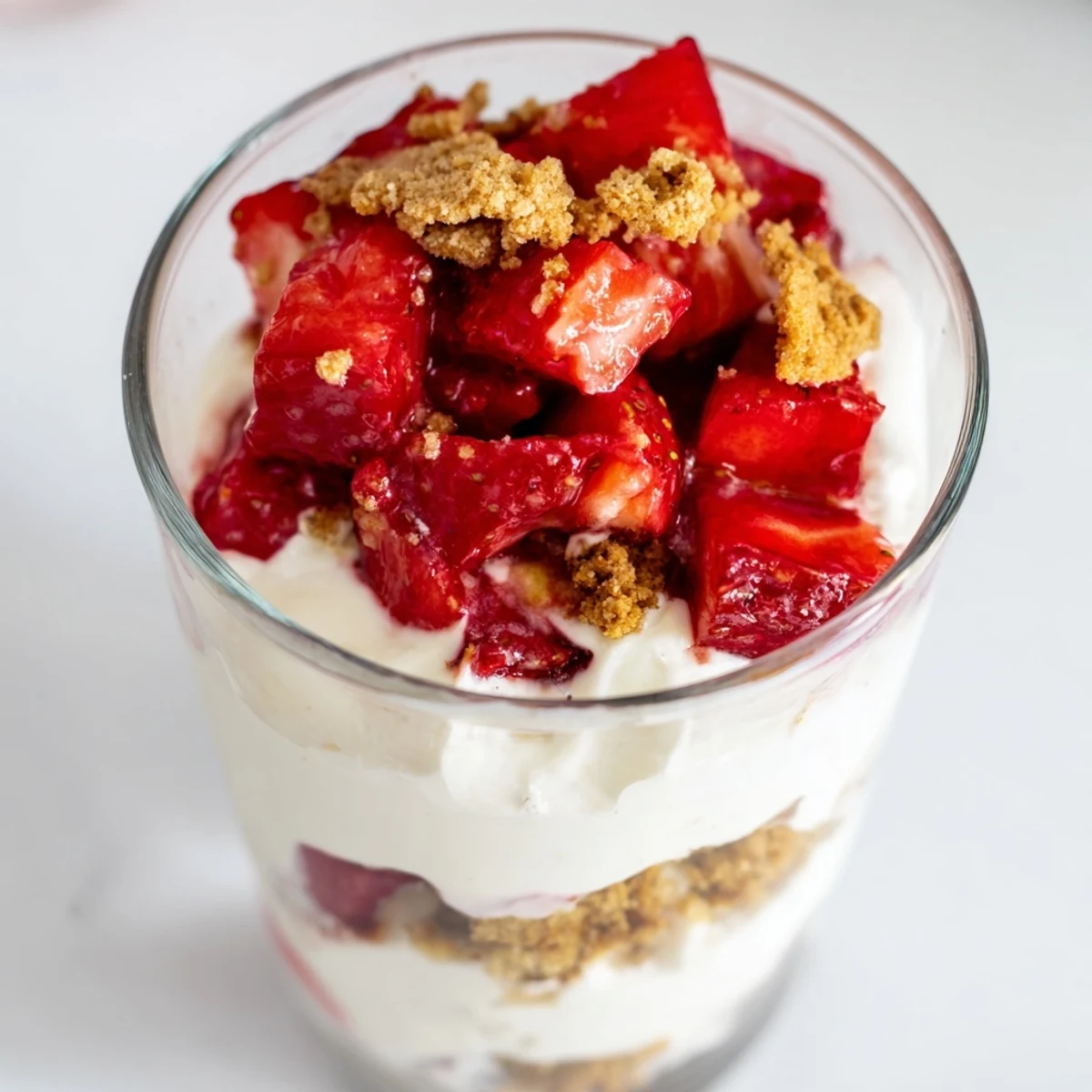 Layers of creamy Strawberry Cheesecake Parfait with fresh strawberries and buttery cookie crumble, so delicious!
