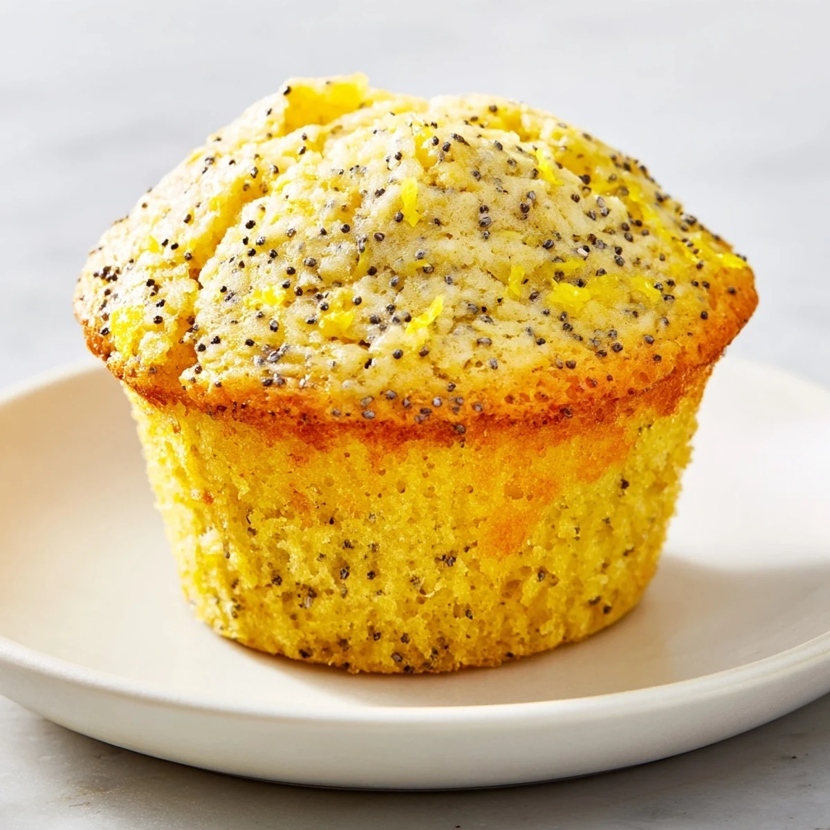 Close-up of bright, moist Lemon Poppy Seed Muffins, showing crunchy seeds and inviting lemon zest.