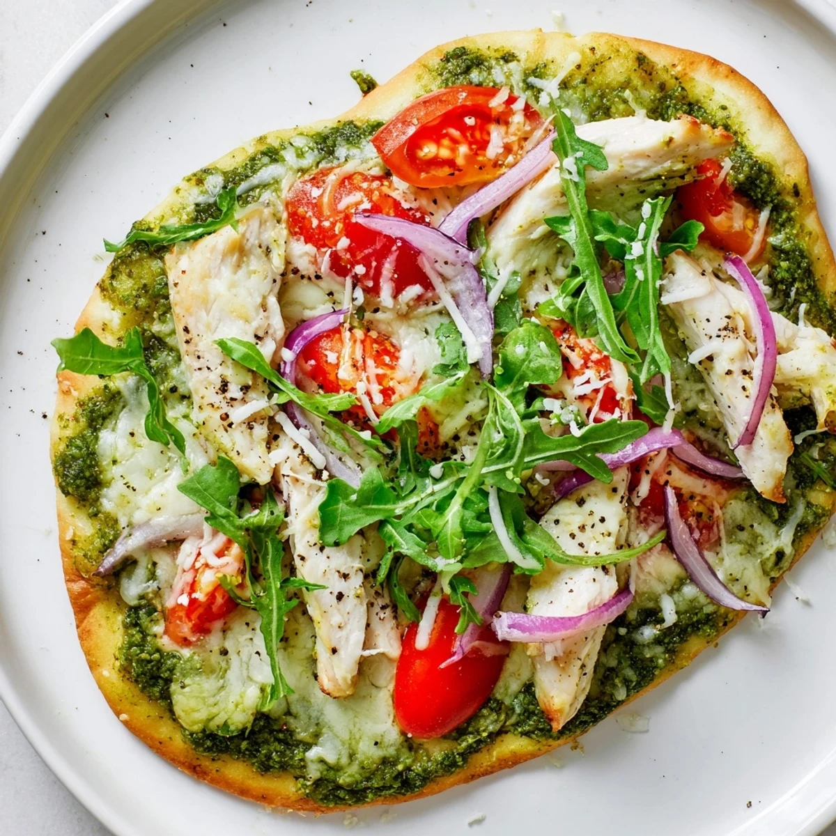 Golden, bubbly Pesto Chicken Flatbread with mozzarella, fresh tomatoes, and cooked chicken, ready to slice.