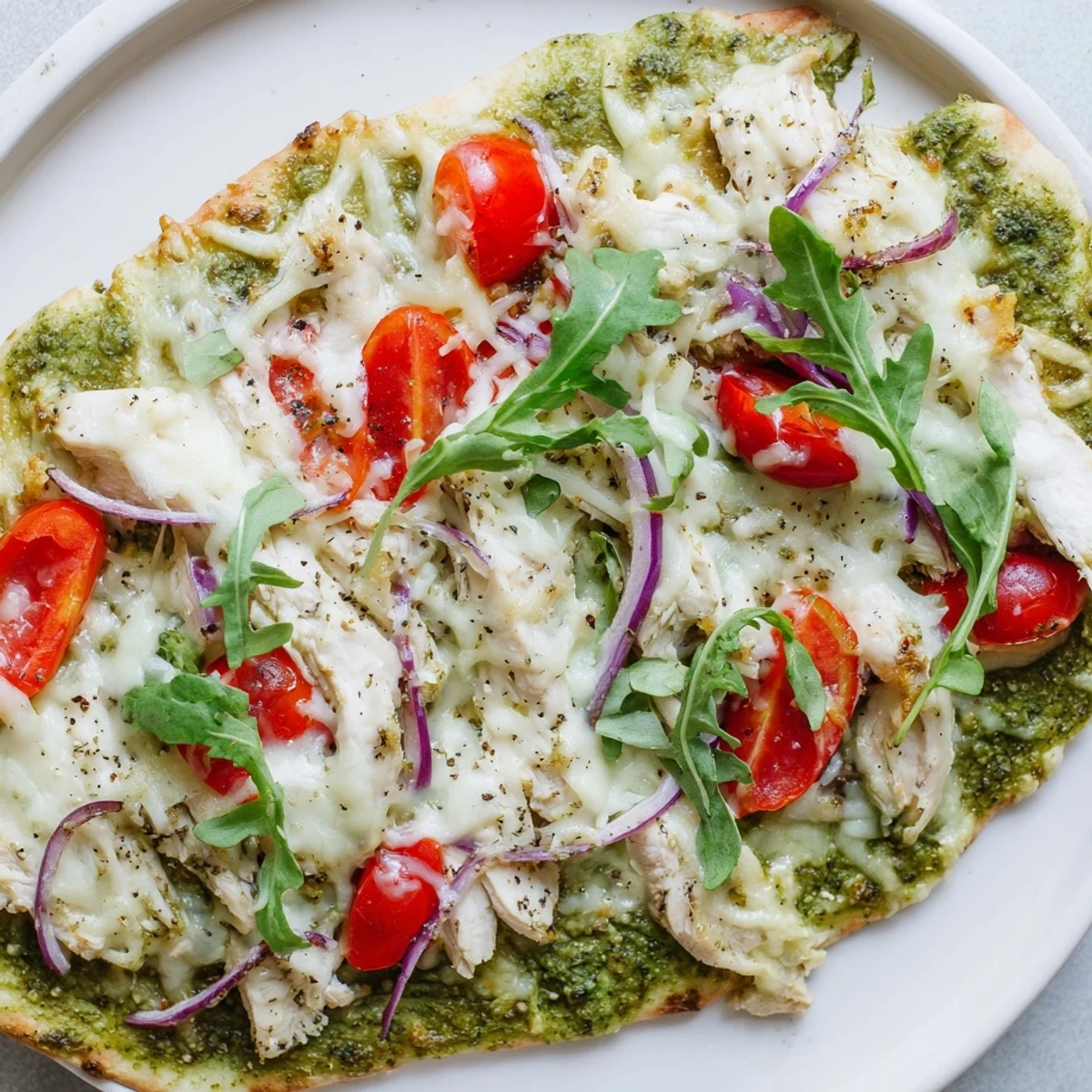 Freshly baked Pesto Chicken Flatbread, a weeknight meal featuring pesto, cheese, and vibrant red tomatoes.