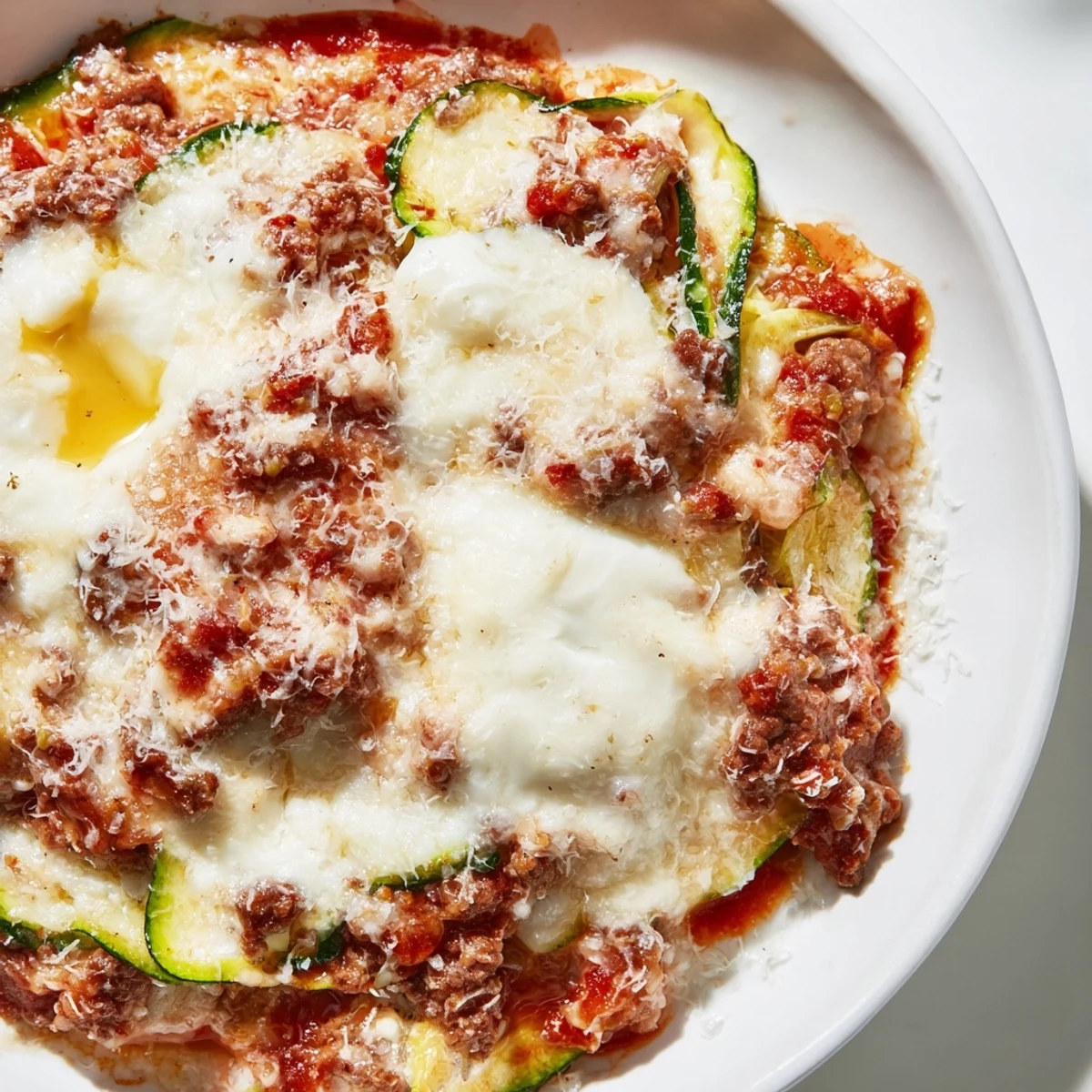 Enjoy a steaming, one-pan zucchini lasagna skillet with fresh herbs, ready for a delicious Italian-American dinner.