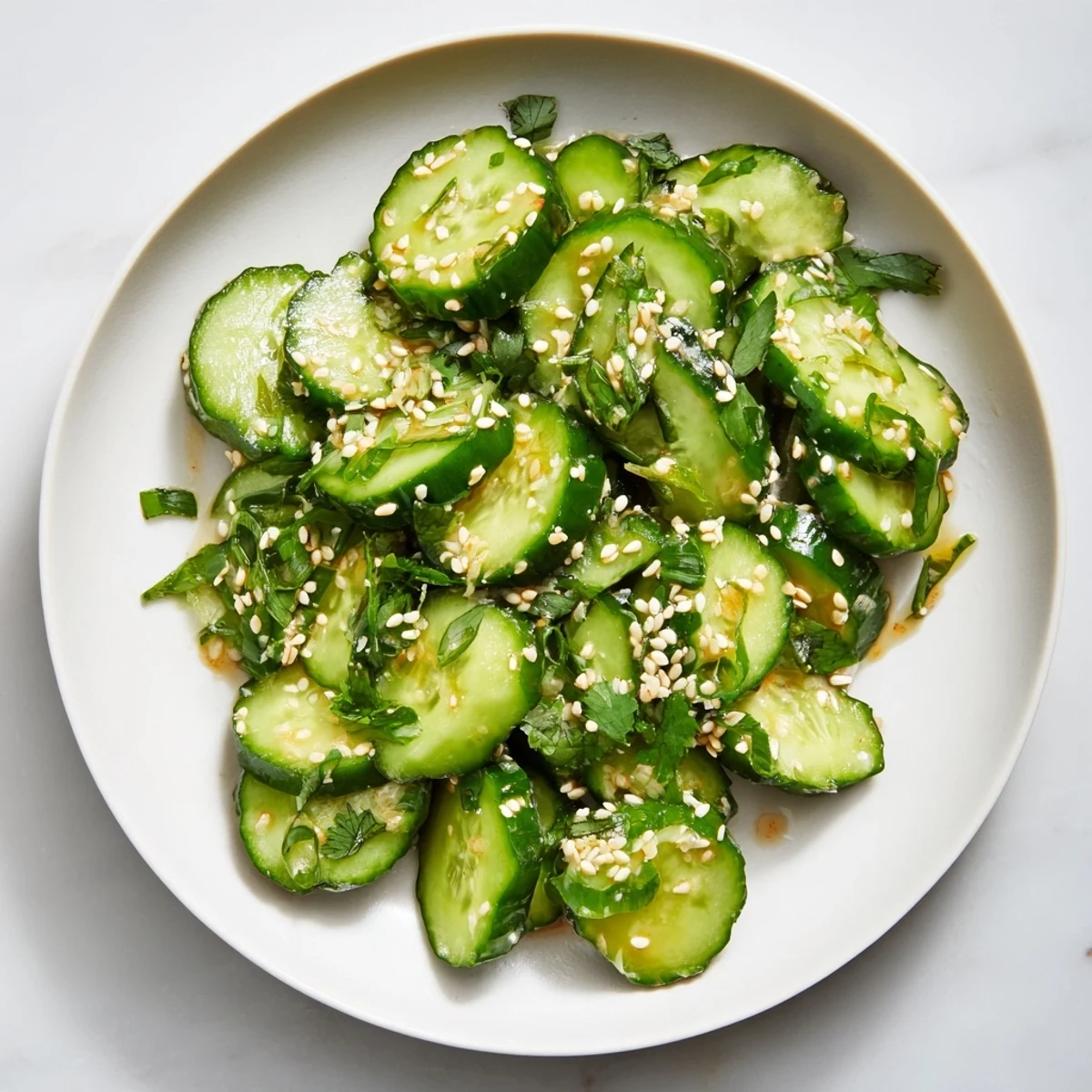 Close-up of a refreshing, chilled Zesty Shake Cucumber Salad, perfect for summer meals and snacking.