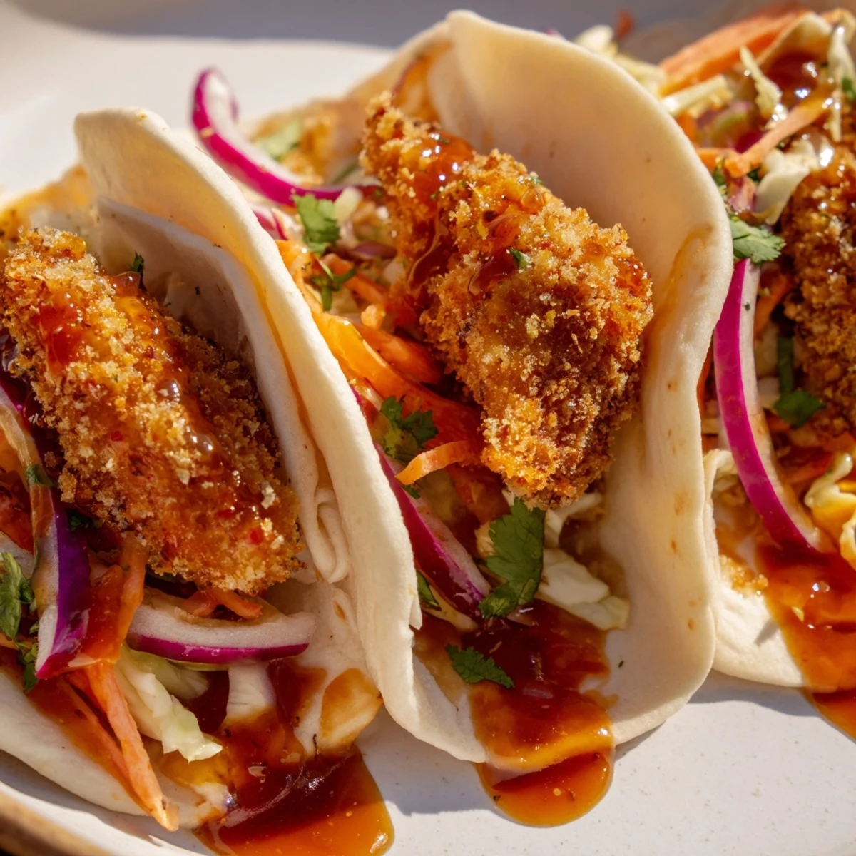 Golden-fried Hot Honey Chicken Tacos with a vibrant slaw, perfect for a flavorful weeknight meal.