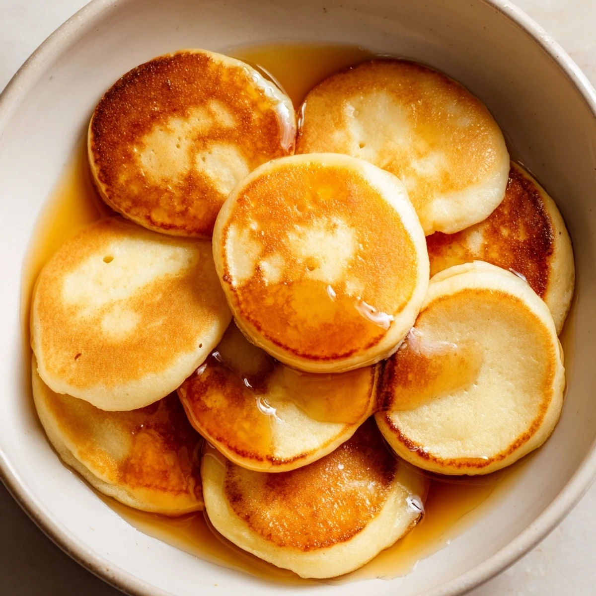 Fluffy Pancake Cereal: Small, golden brown pancakes ready to be enjoyed with milk and syrup.