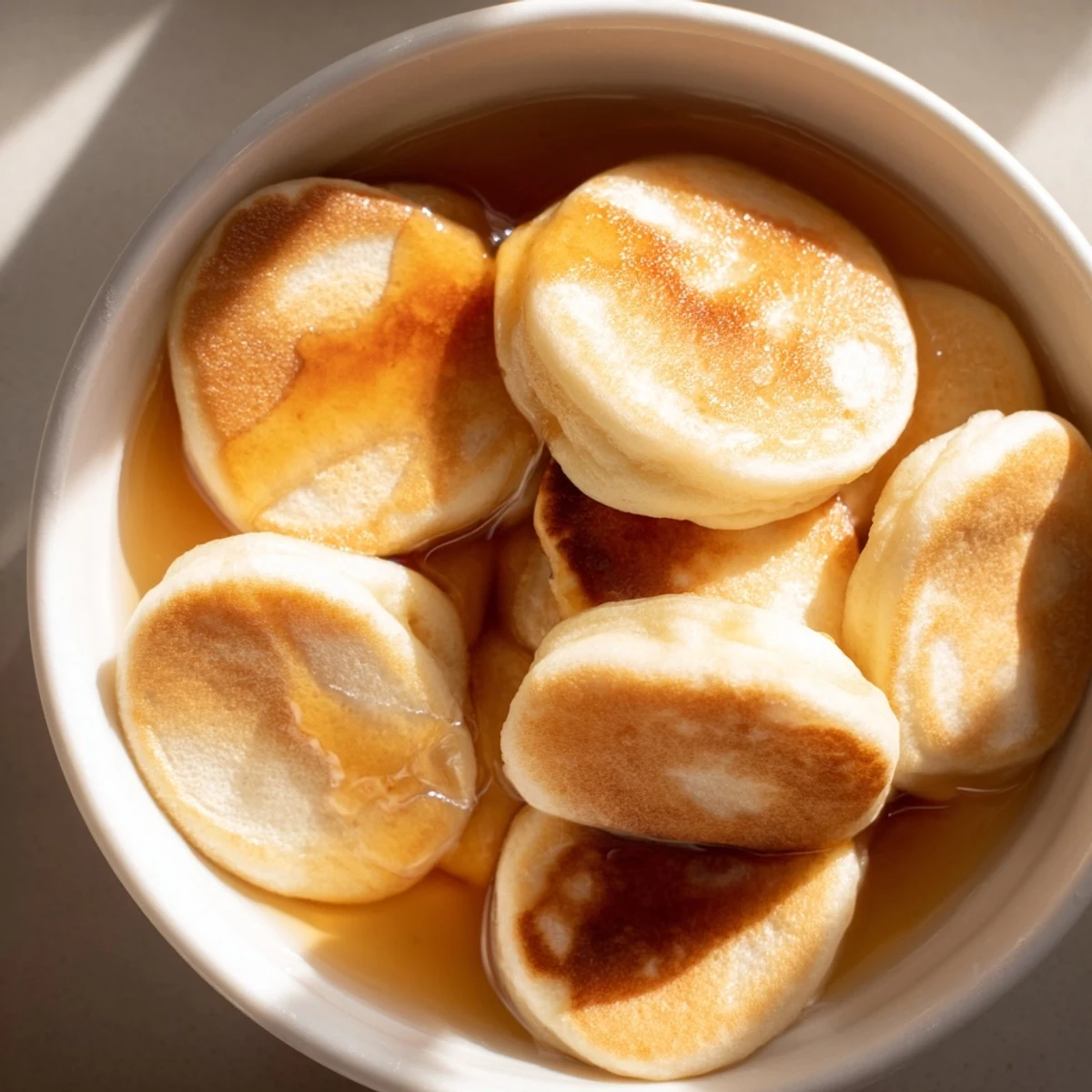 A close up of freshly cooked Fluffy Pancake Cereal served in a bowl, breakfast made fun.