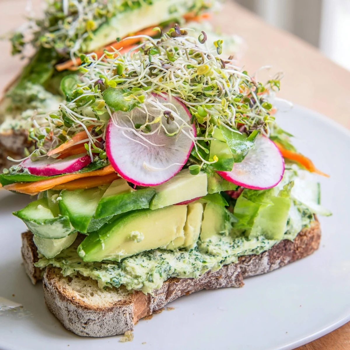Vibrant Green Goddess Sandwich, featuring layered fresh veggies and creamy herb spread on toasted bread.