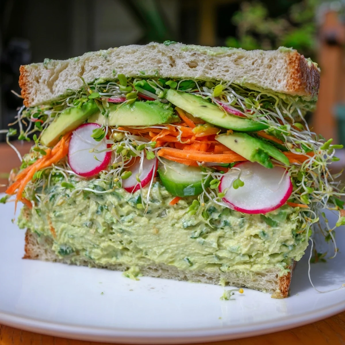 The flavorful Green Goddess Sandwich, a vegetarian delight with crunchy vegetables and creamy sauce.
