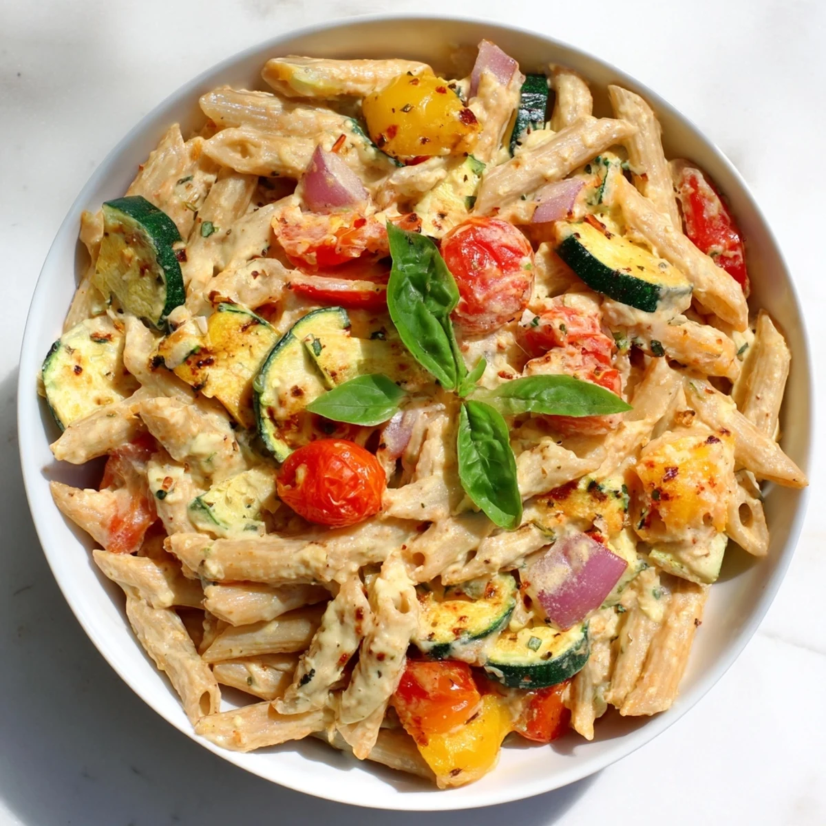 Baked feta pasta with roasted vegetables, creamy feta sauce and whole-grain pasta, ready to eat.