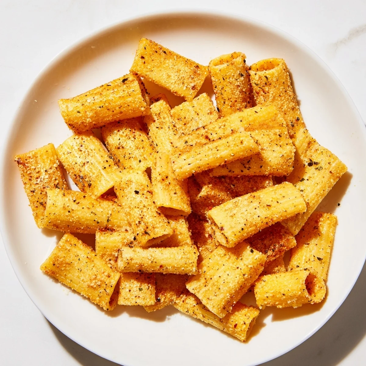Close-up of freshly made Crunchy Parmesan Pasta Chips, showing their golden crust and savory Parmesan flavor.
