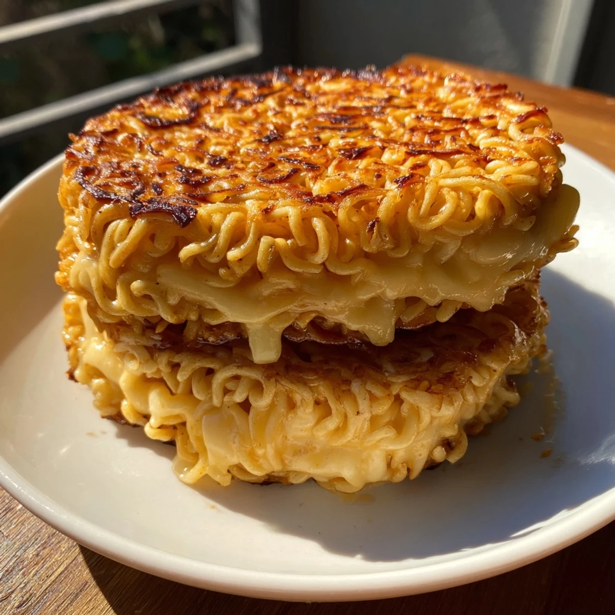 Golden-brown Ramen Grilled Cheese, oozing melted cheddar and mozzarella, ready for a delicious bite.