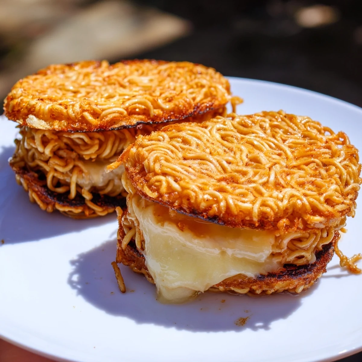 A visually appealing close-up of a perfectly cooked Ramen Grilled Cheese, a unique culinary creation.