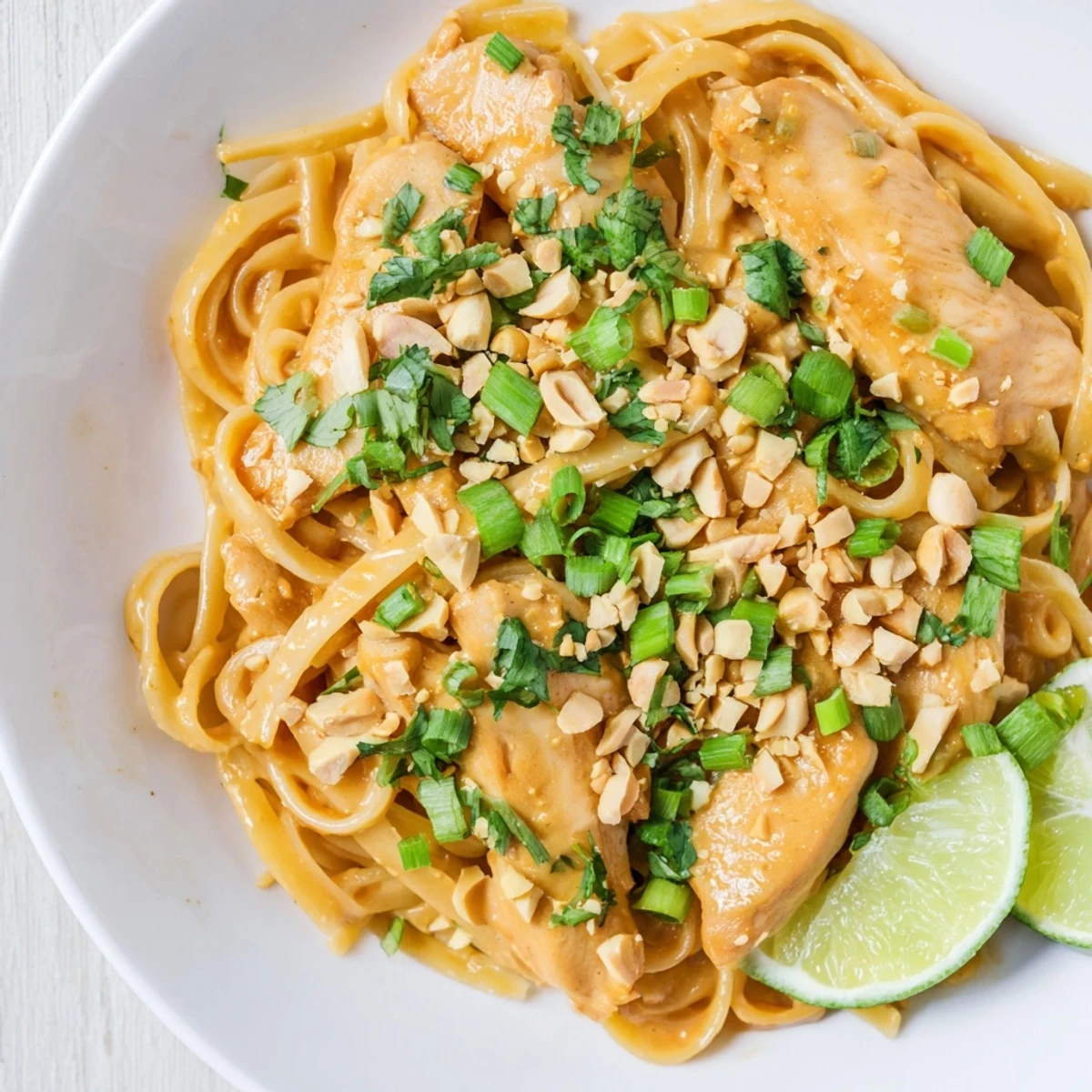 Steaming Thai Peanut Chicken Pasta, fragrant with fresh herbs and a rich, creamy peanut sauce.