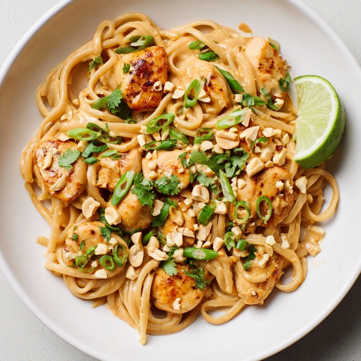 A bowl of flavorful Thai Peanut Chicken Pasta garnished with peanuts and fresh green onions is ready now.