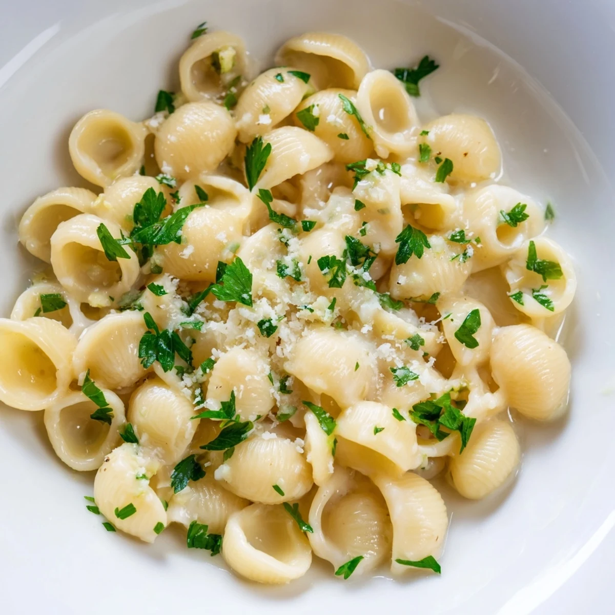 Creamy ditalini pasta glistening, coated in a luscious garlic sauce, ready for serving.