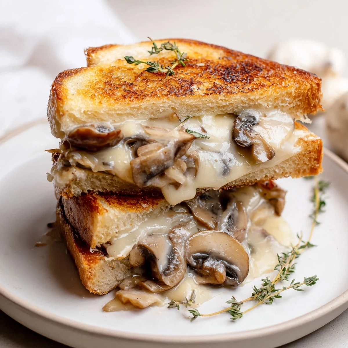 Golden, melty Creamy Mushroom Grilled Cheese, pictured with bubbly cheese pull and crusty, toasted bread.