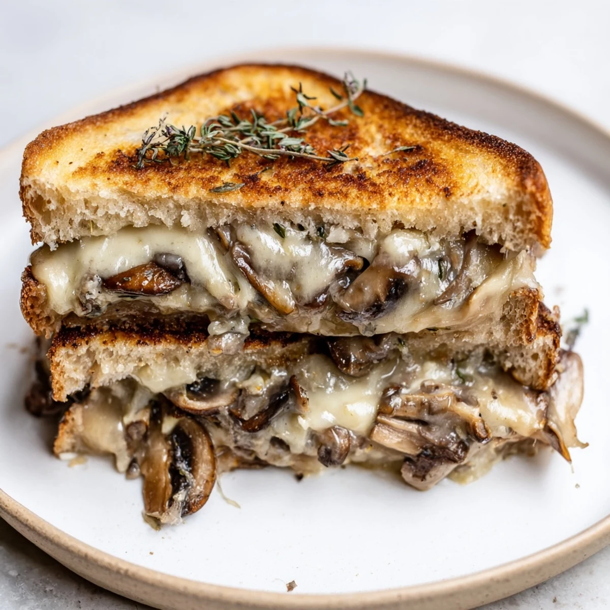 A close-up view of a delicious, savory Creamy Mushroom Grilled Cheese, ready to be sliced and enjoyed.
