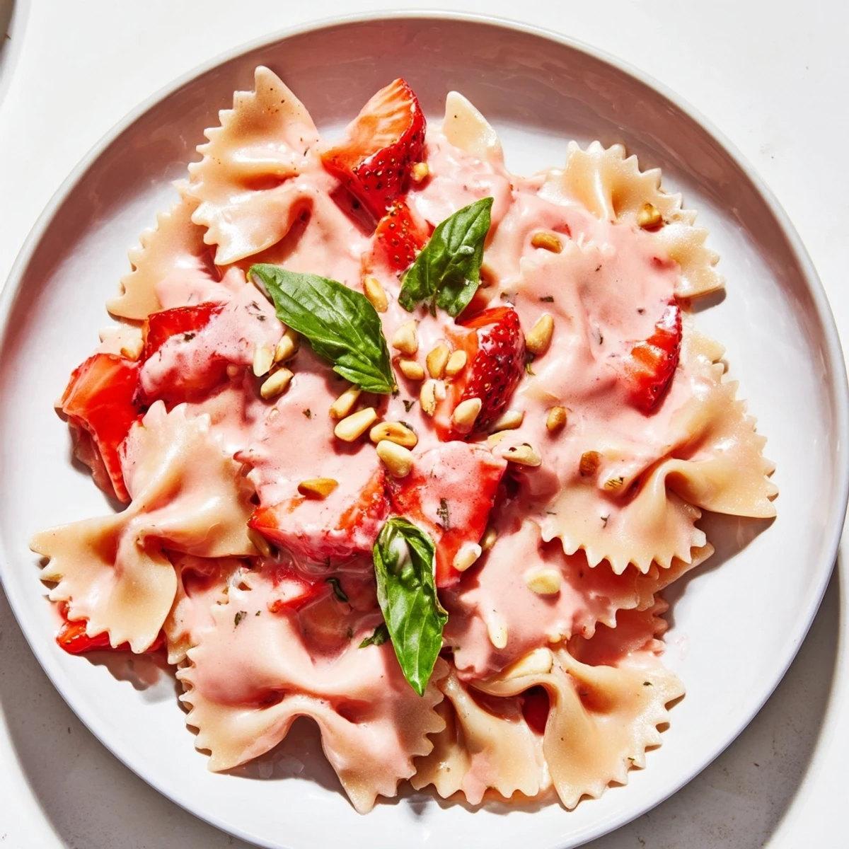 Vibrant pink Strawberry Sour Cream Pasta, garnished with fresh basil, for a delightful summer meal.