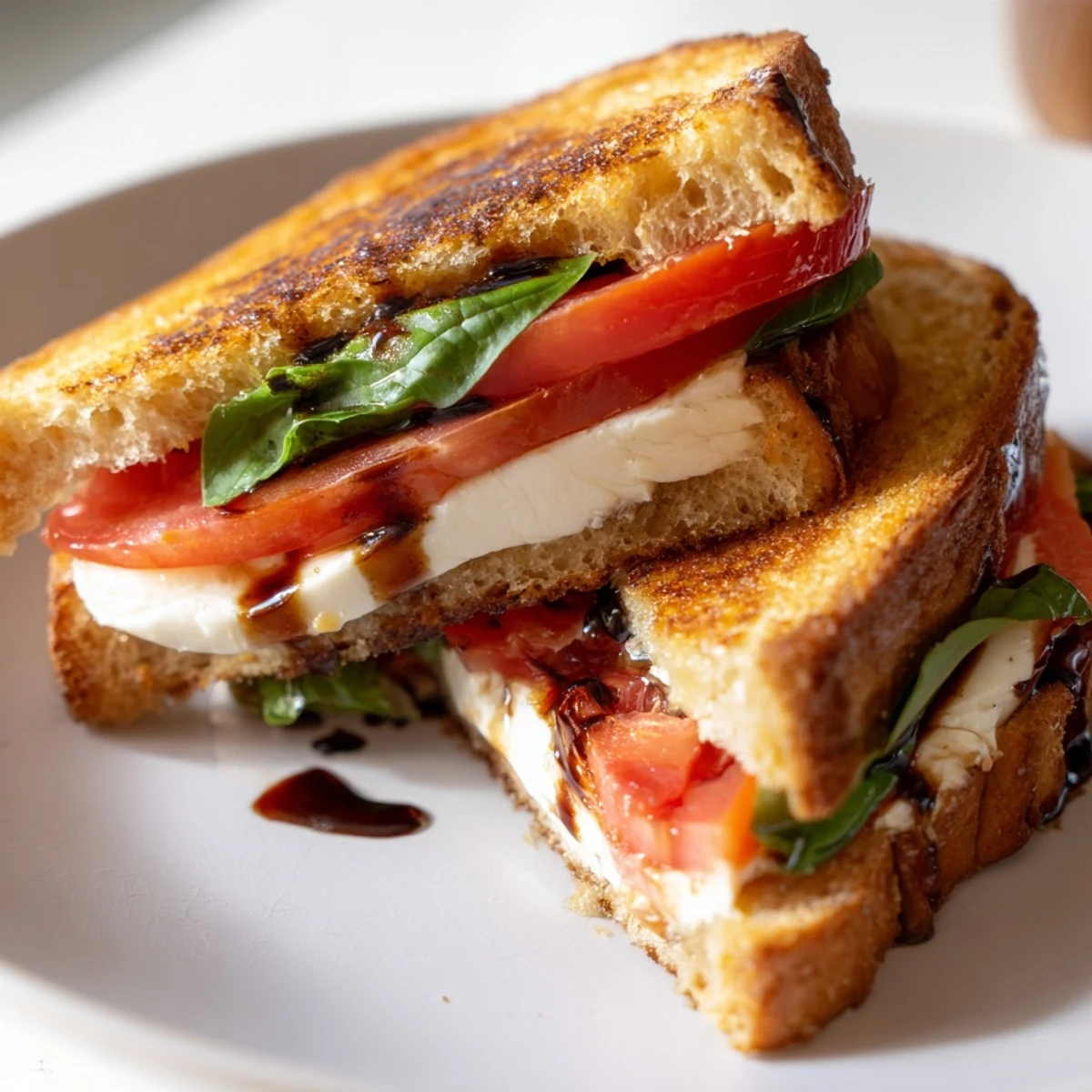 Golden, melty Caprese Salad Grilled Cheese with red tomato slices and fresh basil, ready to eat.