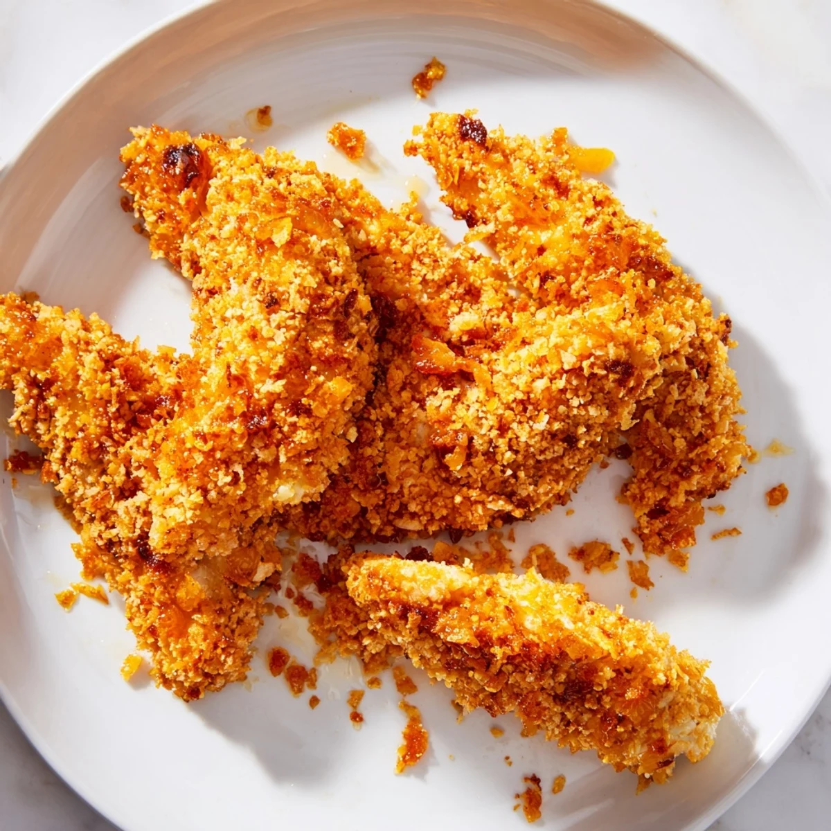 Golden-brown crispy panko chicken tenders, drizzled with fiery hot honey, ready to savor.